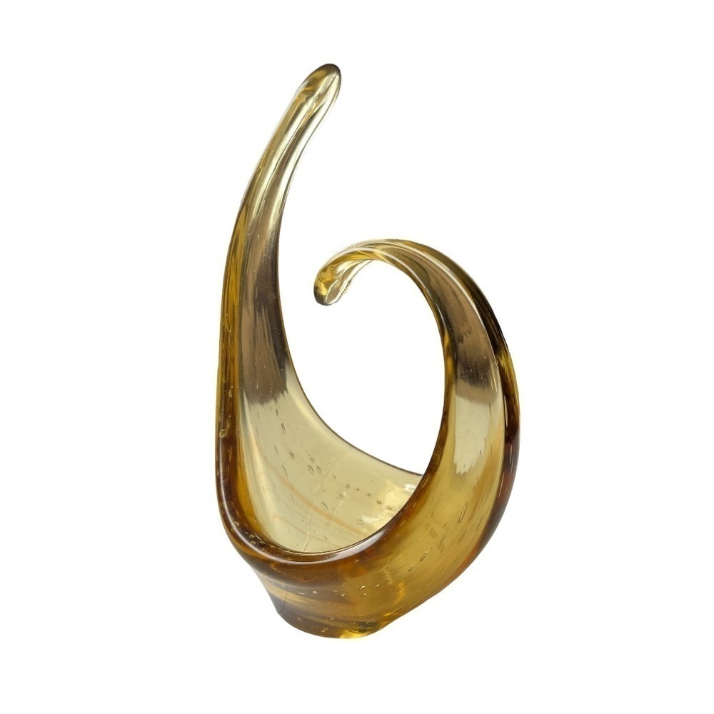Vintage Amber Art Glass Sculpture – Hand Blown Curved Wave Figurine